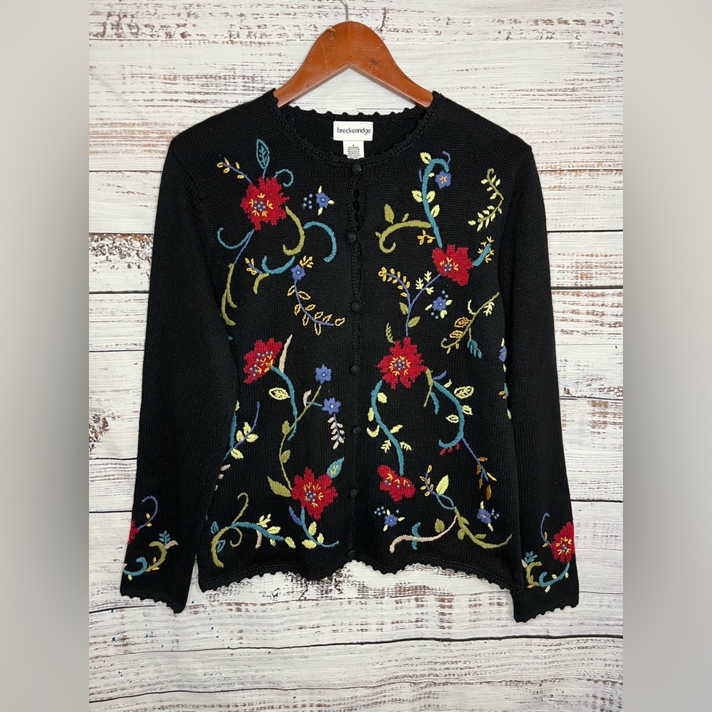 Breckenridge Women Vintage Black Floral Embroidered Cardigan Sweater Size Small